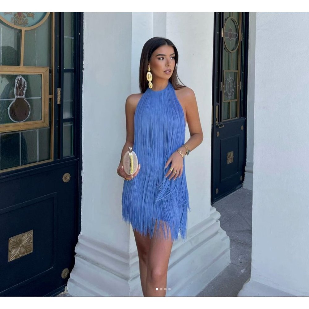 ZARA NEW WOMAN FRINGED SHORT DRESS BLUE S,M | Backless Halter